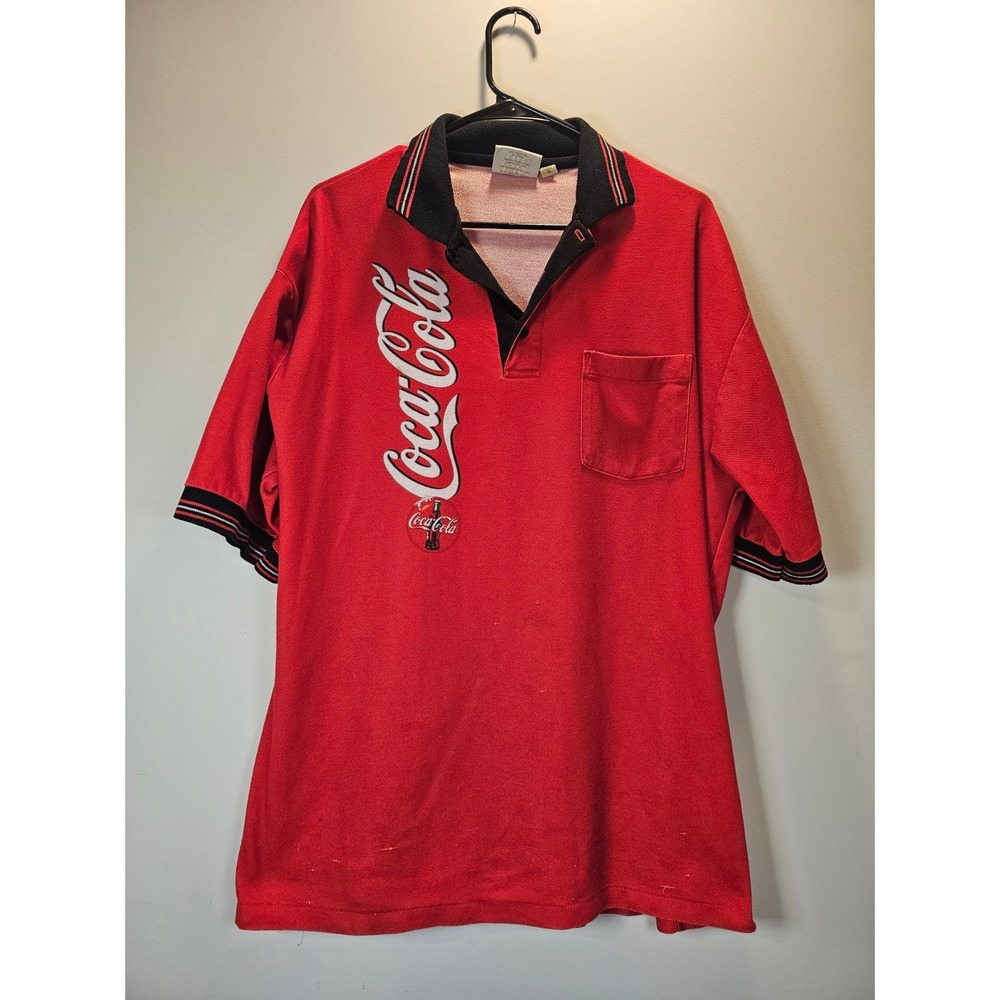 Vintage Coca-Cola Crest Signature Red Polo Shirt XL Made in USA Graphic Pocket